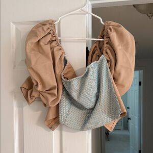 Simonett Tan and Blue Puff Sleeve Top